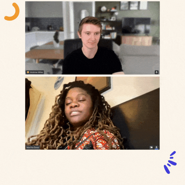 A screenshot of a video chat with a woman and a man.